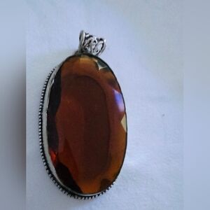 Large Artisan Sterling 925 Amber Color Faceted Glass Pendant